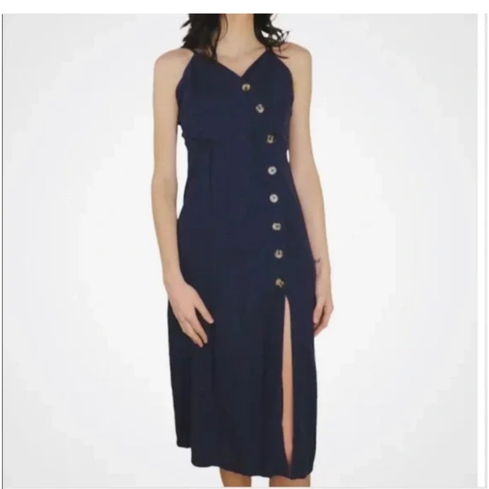 Urban Romantics diagonal button down slit Navy Blue linen blend Dress size S